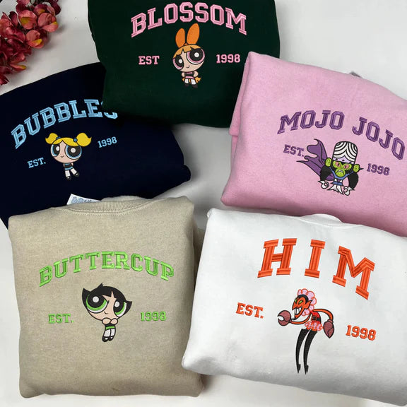 Powerpuff Girls Character Embroidered Sweatshirt, Cartoon Hoodie