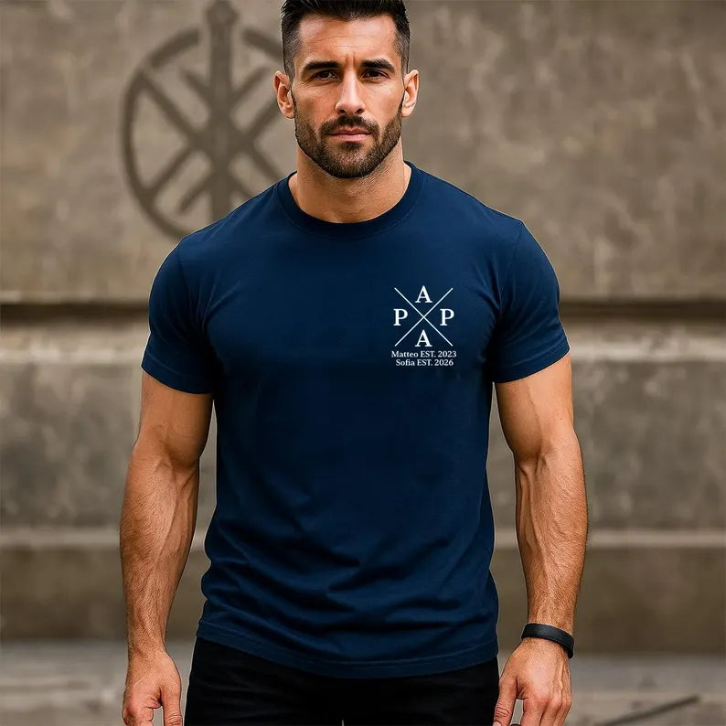Personalized men's t-shirt for dad with children's names and birth years as a Father's Day gift