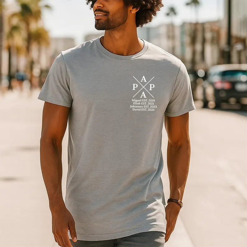 Personalized men's t-shirt for dad with children's names and birth years as a Father's Day gift