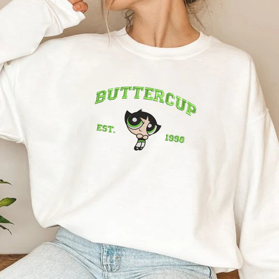 Powerpuff Girls Character Embroidered Sweatshirt, Cartoon Hoodie