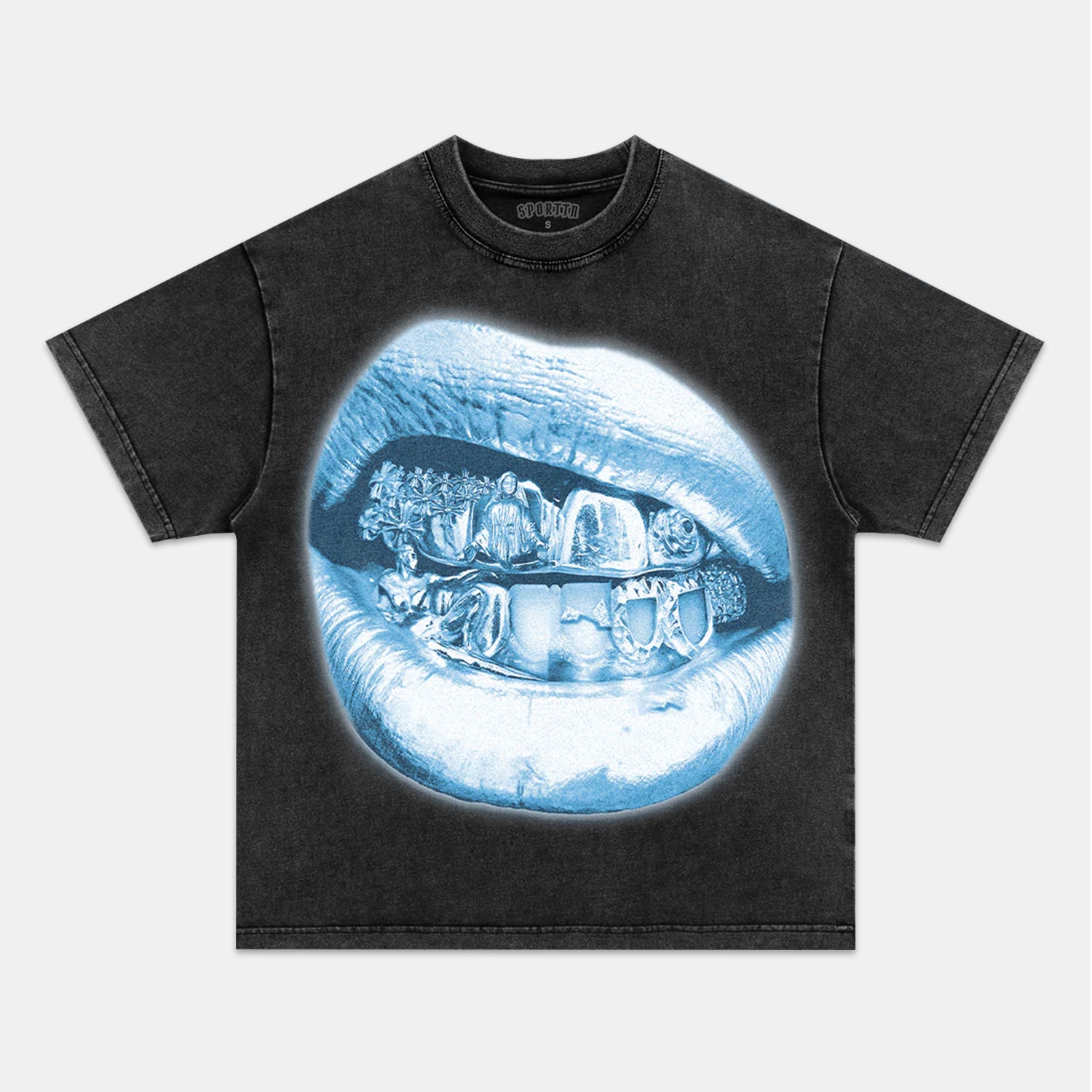 BLUE VINTAGE DIAMOND LIP PRINT TEE
