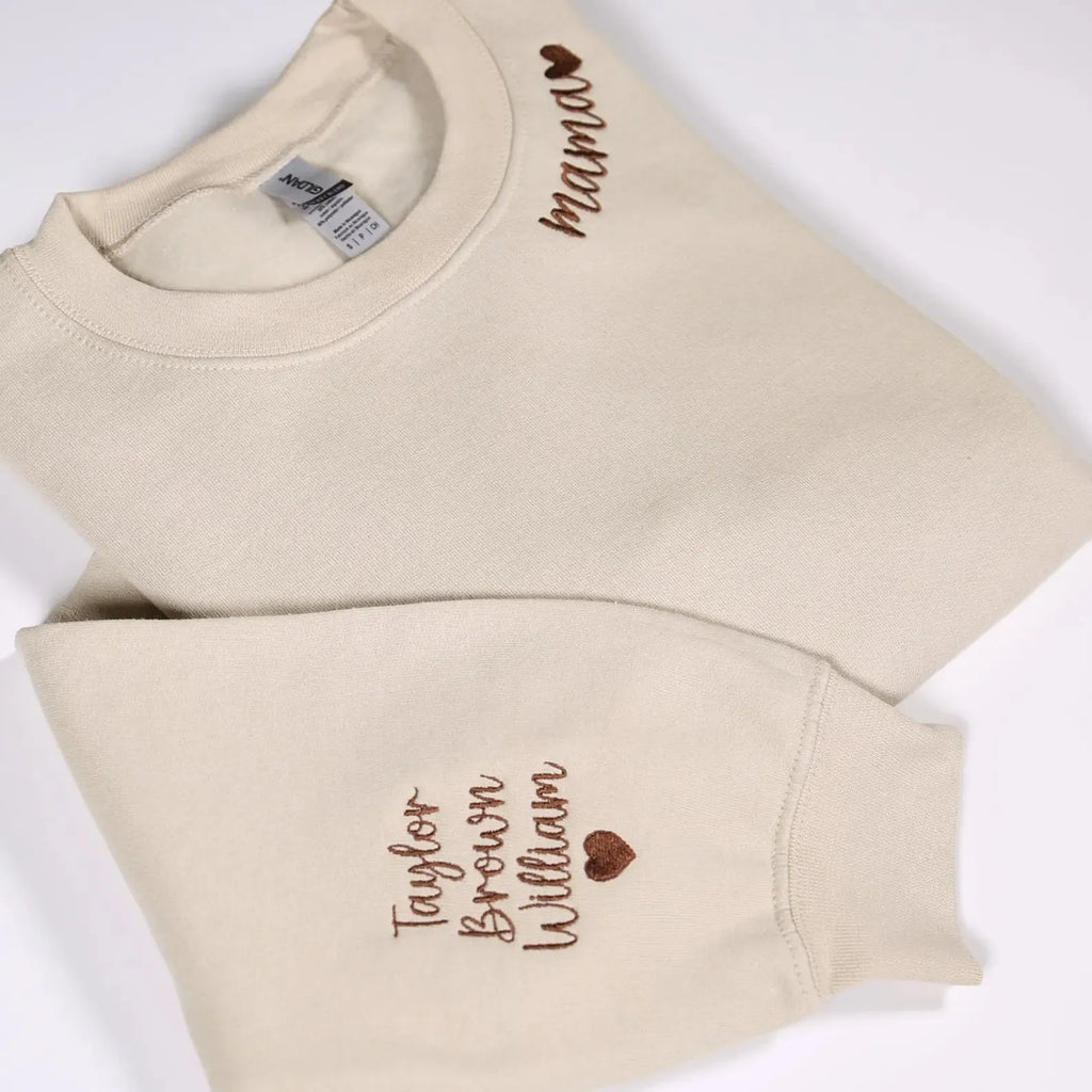 Custom Mama Embroidered Sweatshirt With Kids Names On Sleeve