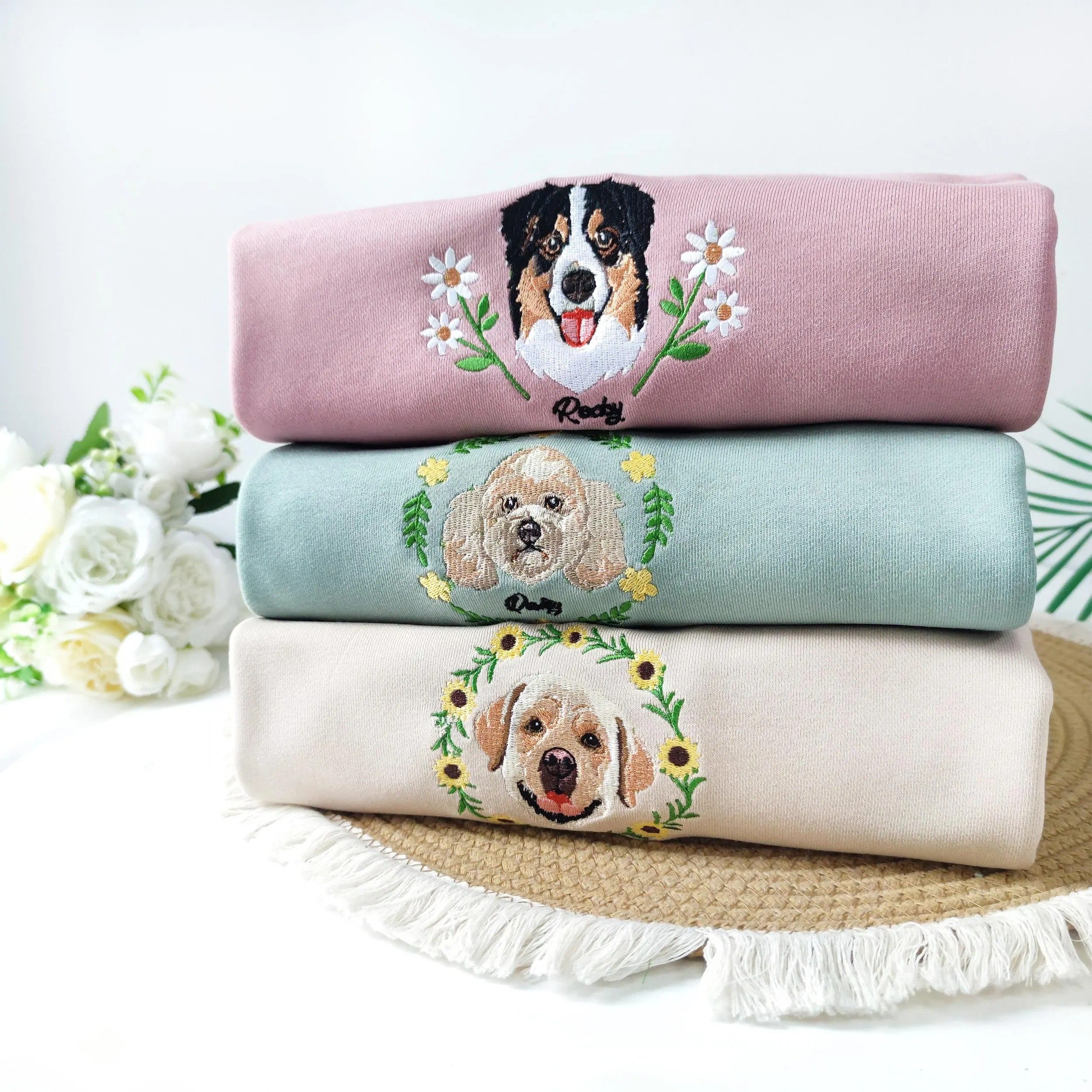 Custom Dog Face Flower Embroidered Sweatshirt