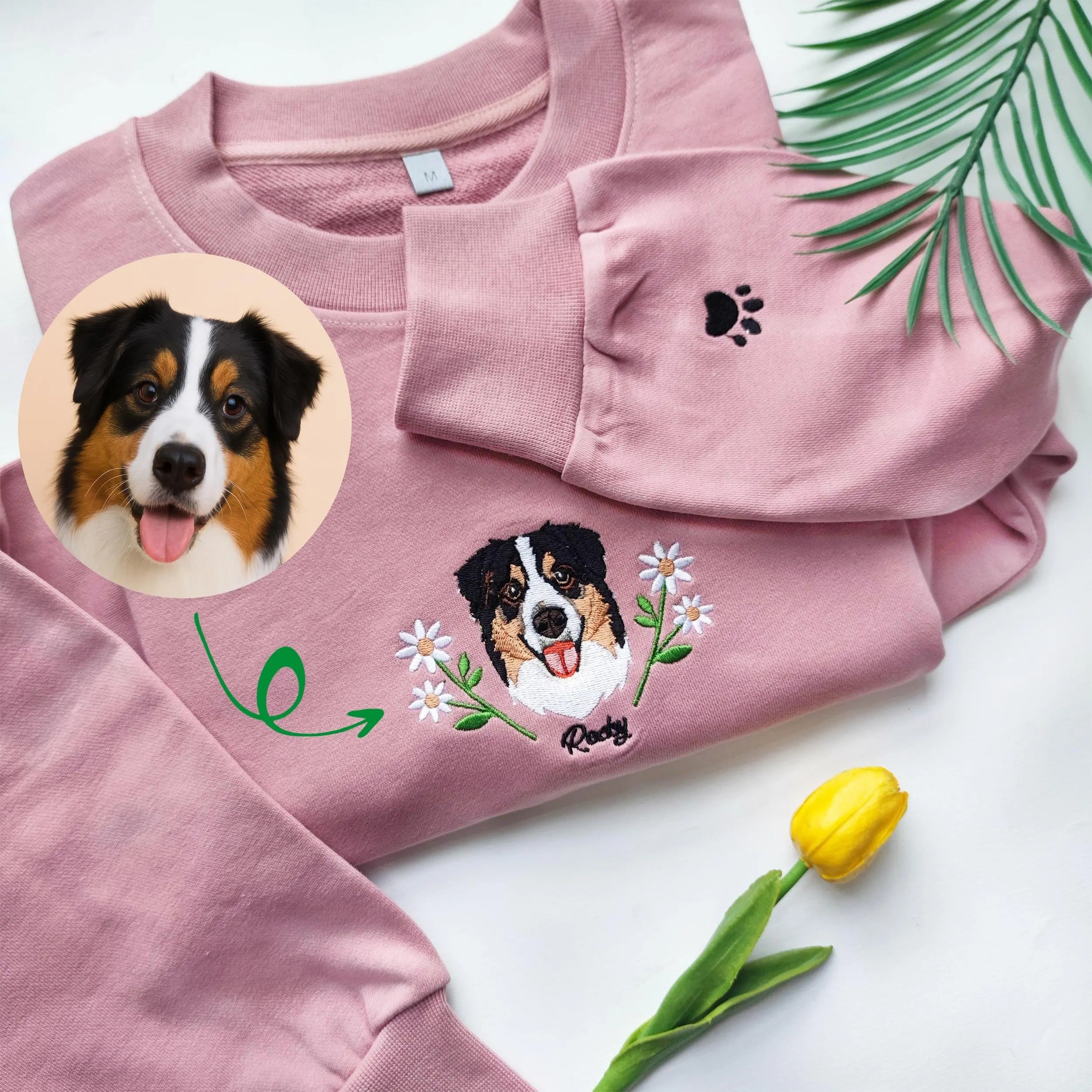 Custom Dog Face Flower Embroidered Sweatshirt
