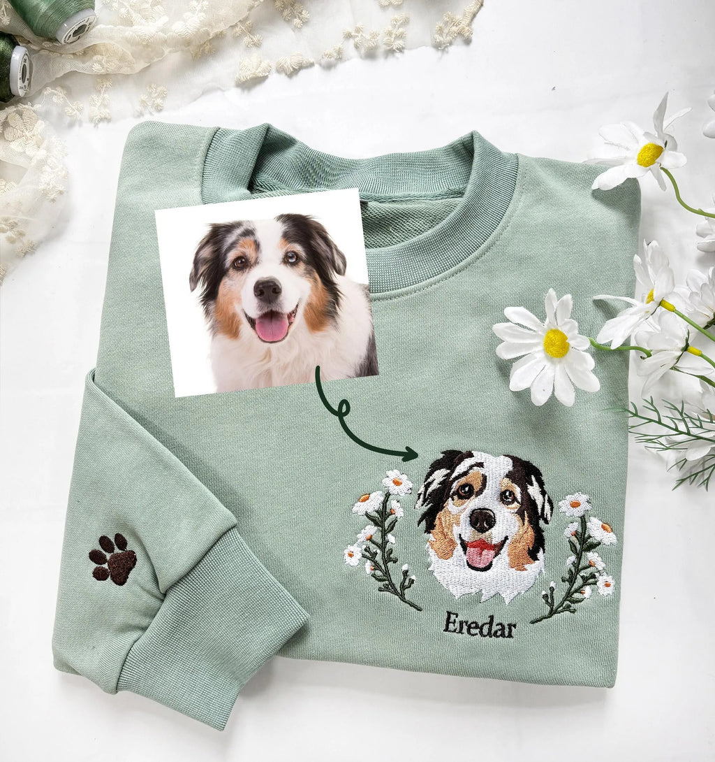 Custom Dog Face Flower Embroidered Sweatshirt